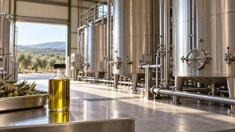 Depósitos y tuberías de acero inoxidable en una almazara, con una botella transparente de aceite dorado sobre una mesa.