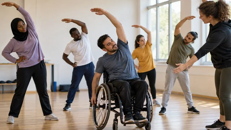 Personas adultas hacen ejercicios de movilidad en una sala deportiva, con un participante en silla de ruedas y una monitora.
