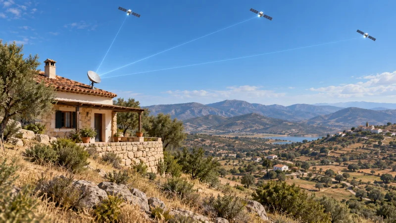 Vivienda rural con una antena parabólica bajo varios satélites ilustrados.