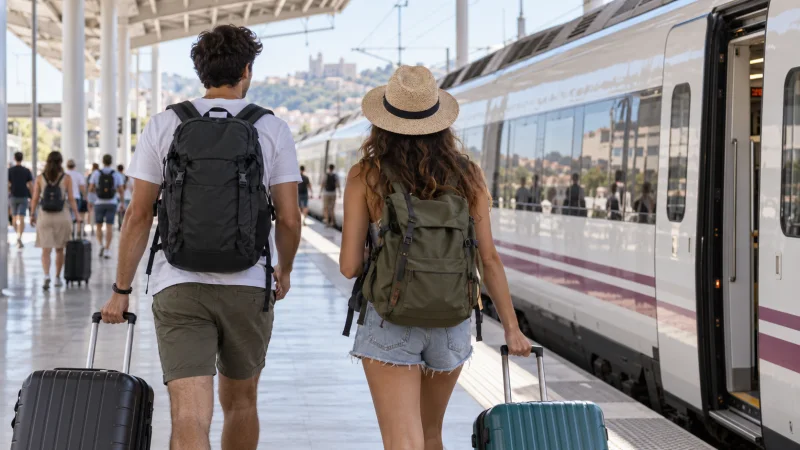Dos jóvenes con mochilas caminan junto a un tren en un andén, imagen ilustrativa generada.
