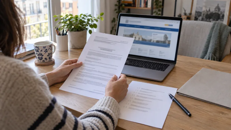 Una persona consulta documentos impresos junto a un portátil en una mesa de estudio.