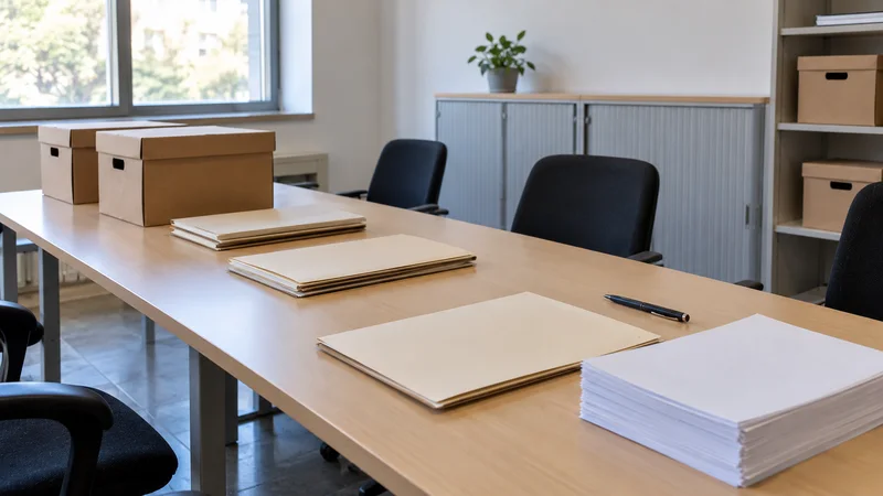 Carpetas, cajas de documentos y papel sobre una mesa en una oficina vacía.