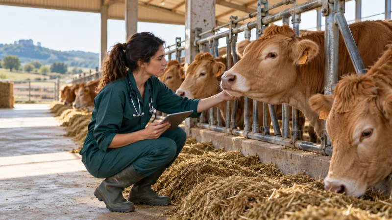 Una veterinaria revisa una res en una explotación ganadera.