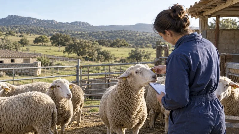 Una veterinaria revisa la identificación de una oveja en un corral rural mientras toma notas.