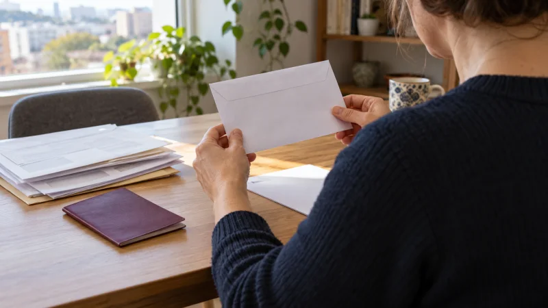 Persona revisando un sobre de votación y documentos sobre una mesa en una vivienda.