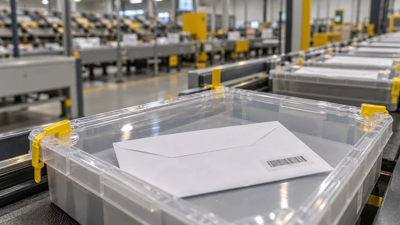 Sobre blanco cerrado con un código de barras ilegible dentro de una bandeja transparente con cierres amarillos en una sala de clasificación postal.