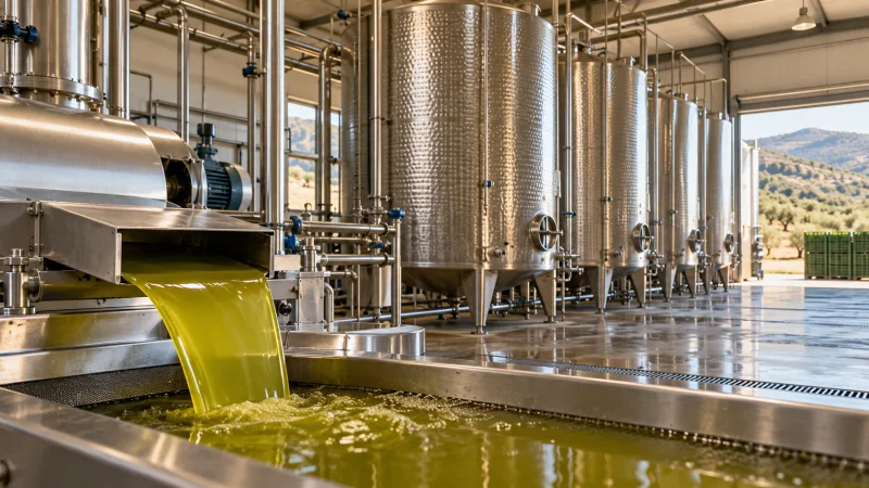 Depósitos de acero y maquinaria en una almazara de aceite de oliva